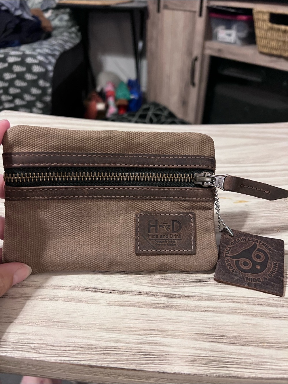 Hide & Drink Canvas Leather Coin Purse Zip Pouch